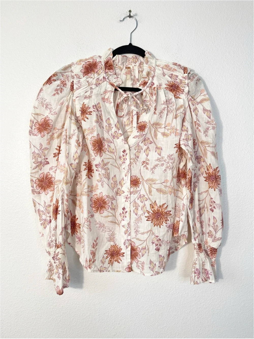 Free People Meant to Be Floral Blouse Tie-Neck Puff Sleeve XS Victorian Boho